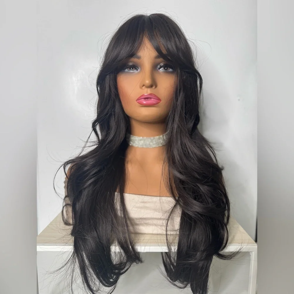 Long Black Layered Synthetic Wig – Natural Jet Black, Curtain Bangs